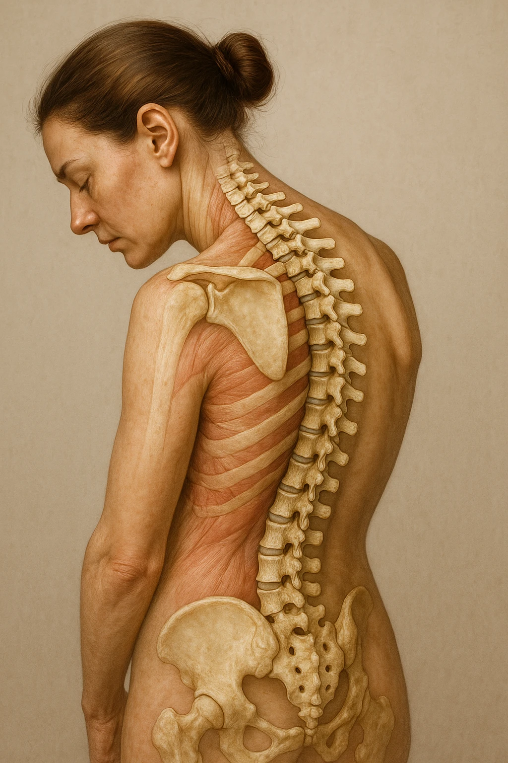 CORPO UMANO ANATOMICO di una donna di profilo con spalle chiuse e postura incurvata, spina dorsale in evidenza, IPERREALISTICO 4K emoji