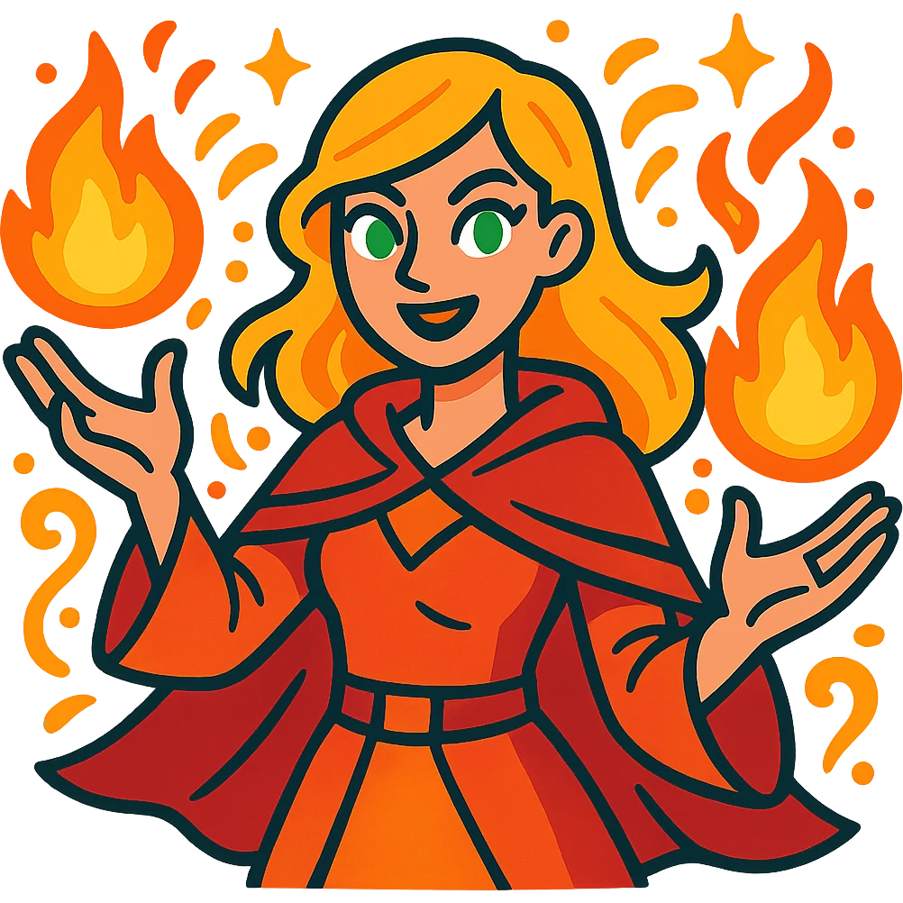 blonde woman with green eyes holding fireballs in her hands, surrounded by magical effects, vibrant toon style emoji
