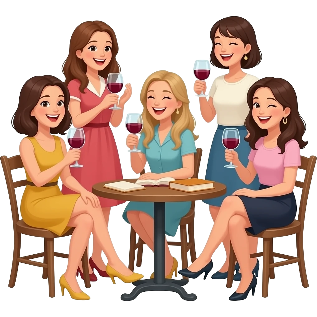 5 ladies silly book club having fun drinking wine italian emoji