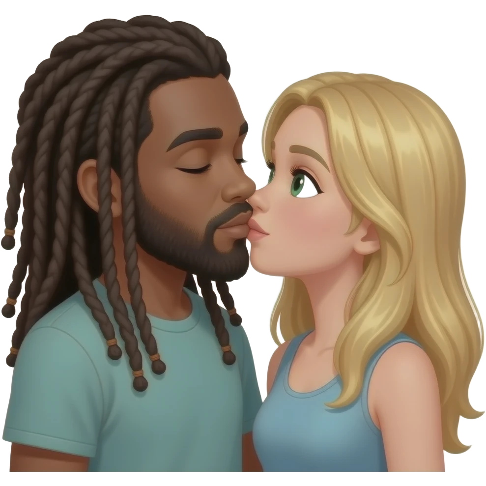 black guy with long dread locksand beard only kissing girl with long blond hair and green eyes emoji