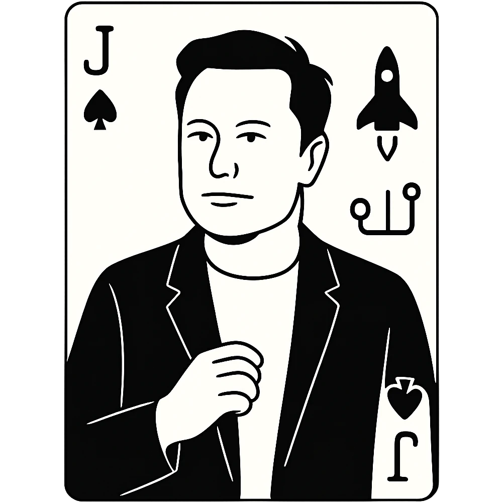 Elon Musk as a royal playing card figure, minimalist portrait with tech symbols emoji