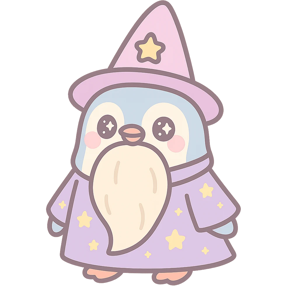 charming penguin wizard with a long beard and starry robe, fantasy style emoji