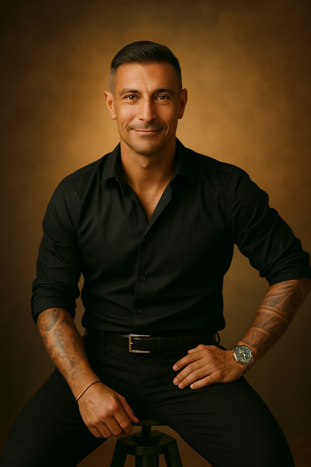 Realistic and cinematic style portrait of a man exemplifying physical and mental well-being: serene and confident expression, energetic posture, luminous skin, bright eyes, warm and welcoming atmosphere. Include visual details suggesting inner balance, health, and vitality. Aspect ratio 2:3. emoji