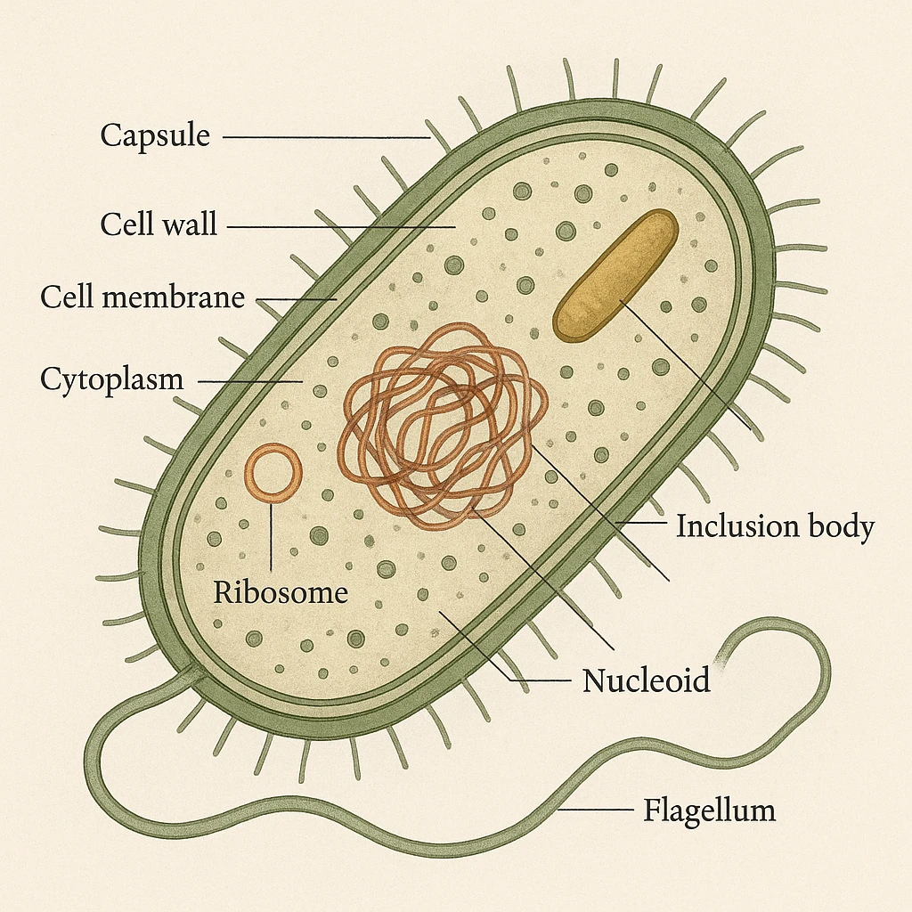 bacterial cell with highlighted organelles, subdued and natural colors, clear details emoji
