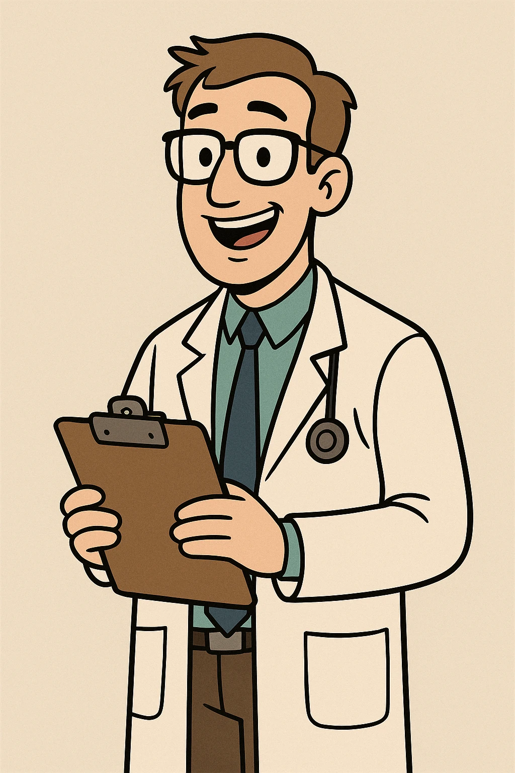 doctor, cartoon style, holding clipboard, smiling emoji