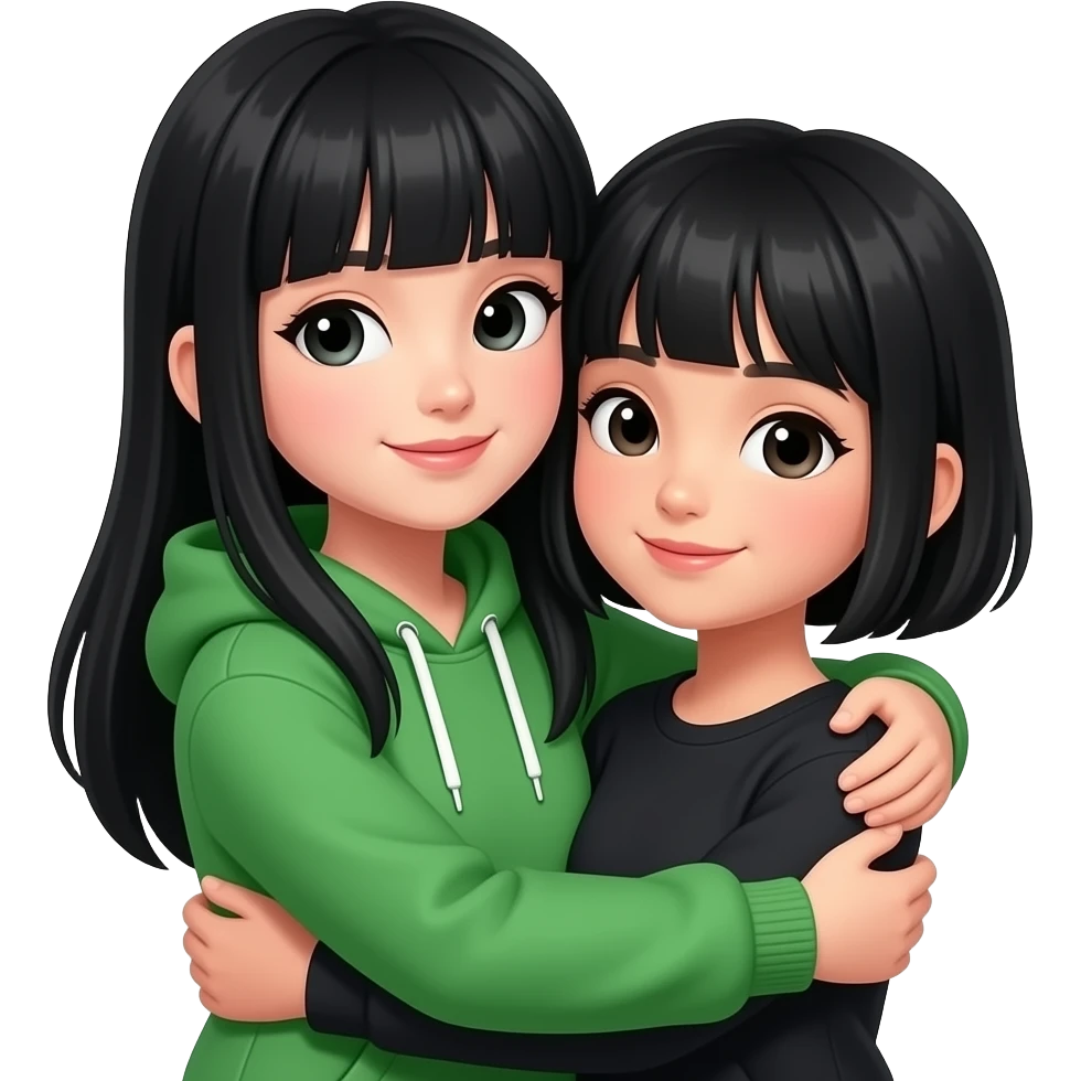 a girl w green hoddie, black tall hair n with tall bangs! hugging another girl w black short hair n bangs emoji