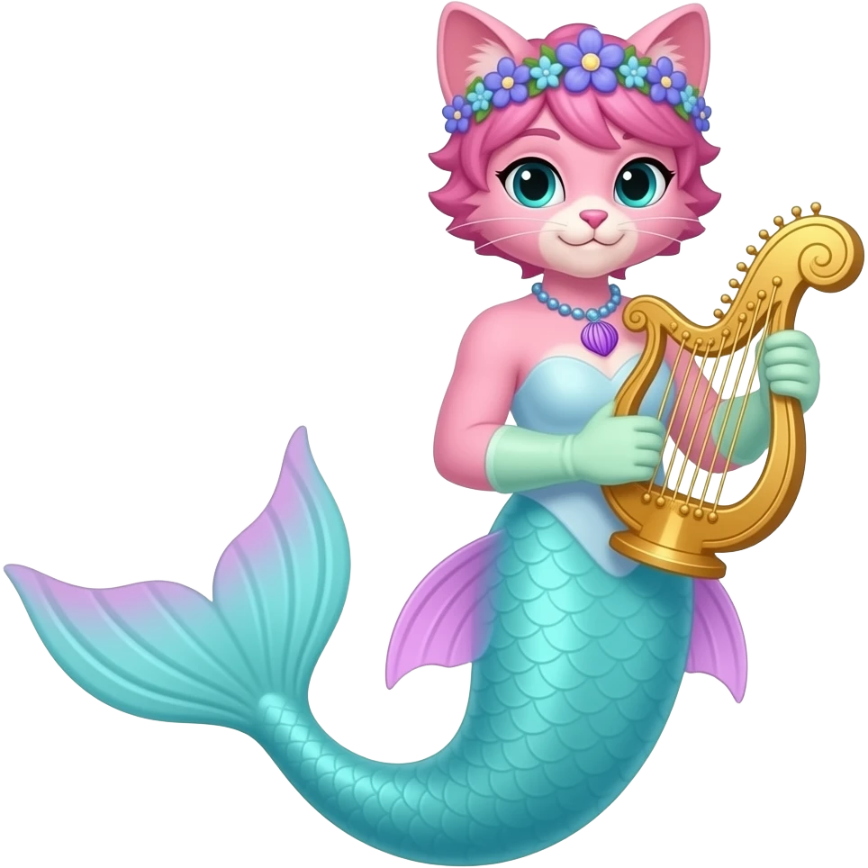 Male  light pink anthro cat  with pink hair blue flower crown with light purple shell necklace light cyan dress attached to long light cyan mermaid tail with a bulge with pink fins light green gloves holding a golden harp emoji