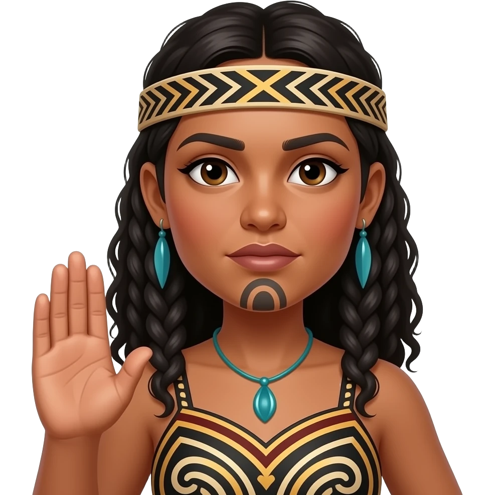 Maori warrior female with moko Kauwae on chin only dark skinned Taniko headband No tattoo around mouth doing a pukana emoji