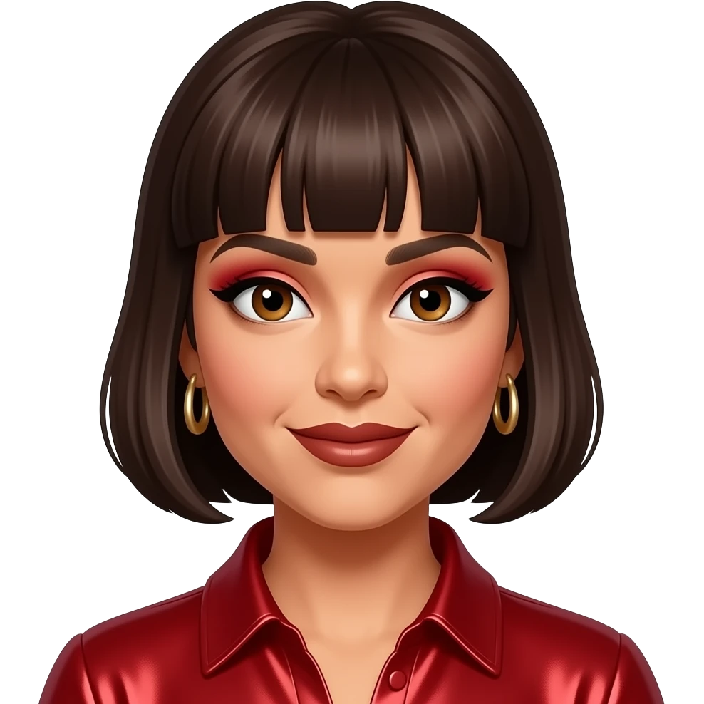 Lisa Left Eye Lopes from TLC with dark brown eyes, dark brown updo bang hair, red eyeshadow, brown lipstick, red metallic blouse, earrings emoji