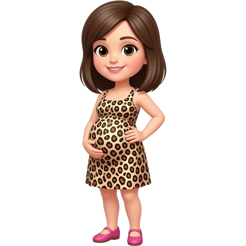Short pregnant girl. Wearing a cheetah print dress and pink shoes. She has brown semi straight hair in a  side part emoji