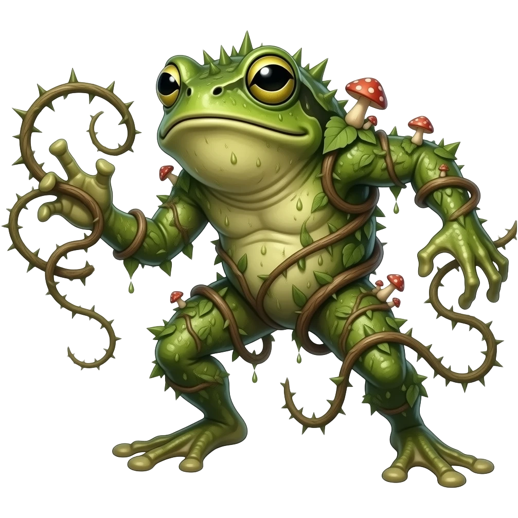 Mosskip A frog-like plant creature with spiky vine markings and damp green skin. it is dry, and is covered in leaves and mushrooms. attacks with spiky whipping vines emoji