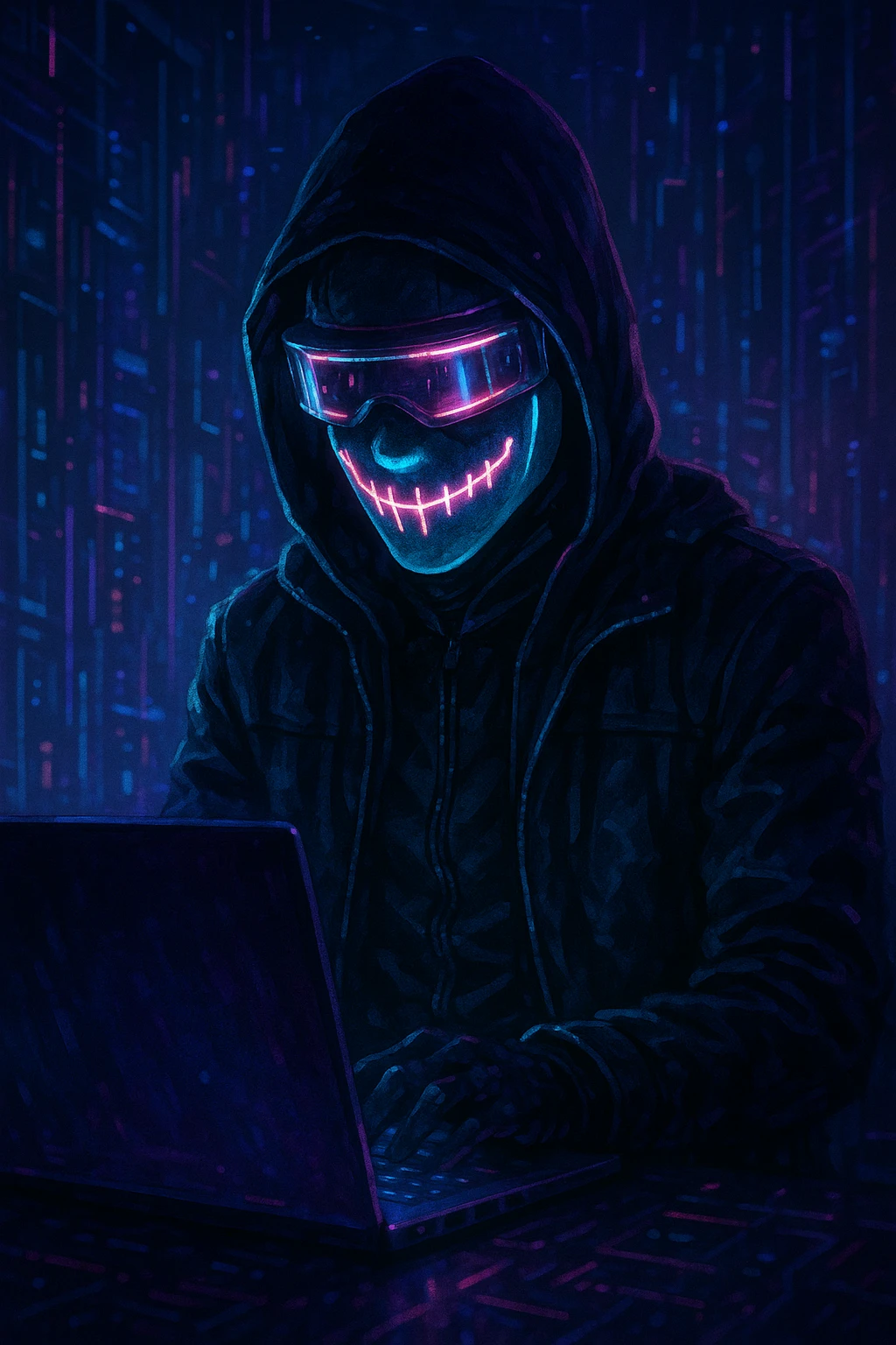 a hacker wearing a mask, digital or cyberpunk style emoji