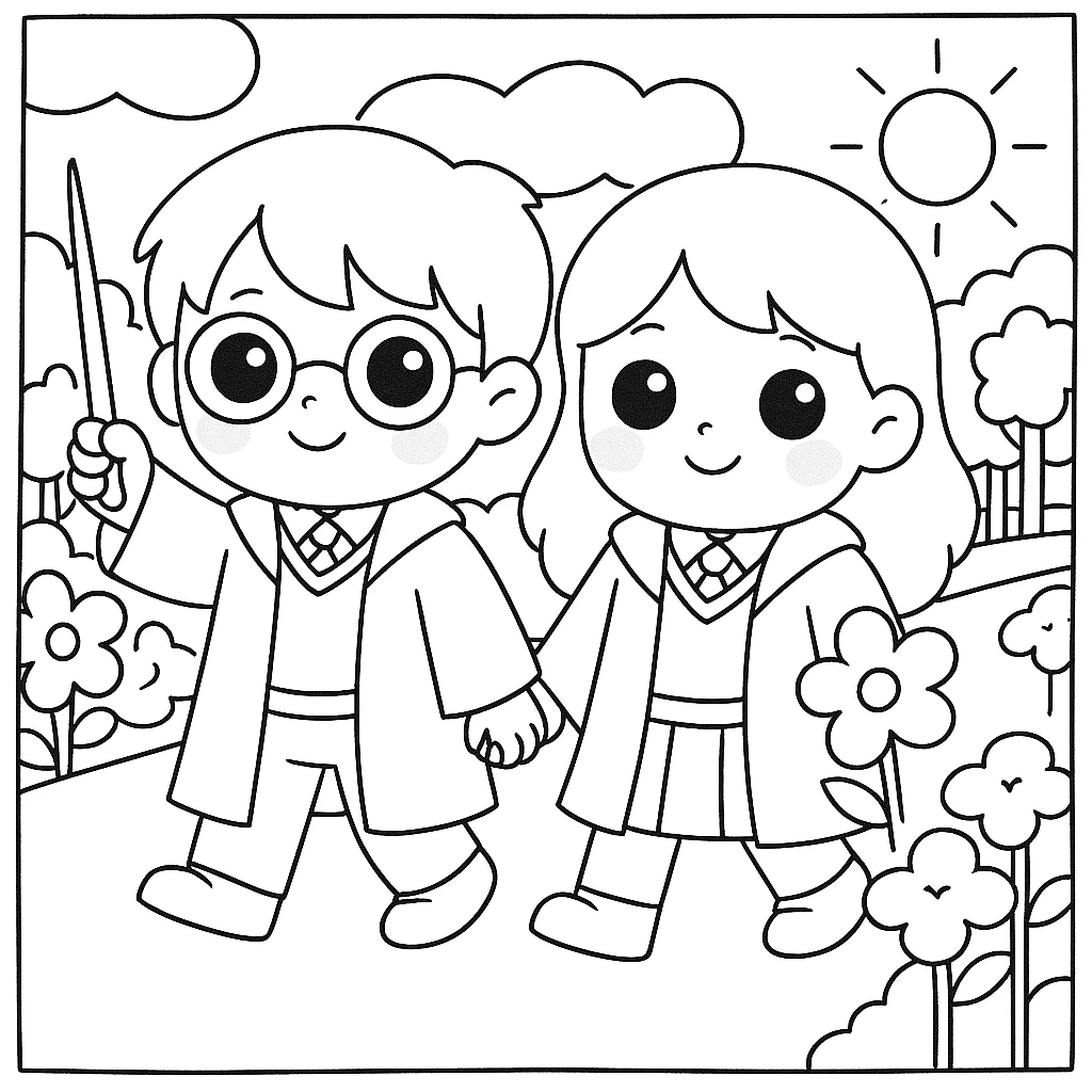 Make Harry Potter and Gina Weasley even cuter with bigger eyes, sweeter expressions, rosy cheeks, and delicate details, while maintaining the same simple line art style and the original background scene. emoji