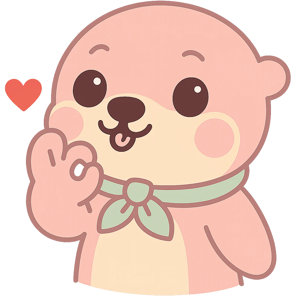 Move the otter's hand so it is almost touching its mouth in the chef's kiss gesture, keep the red heart, kawaii style with transparent background. emoji
