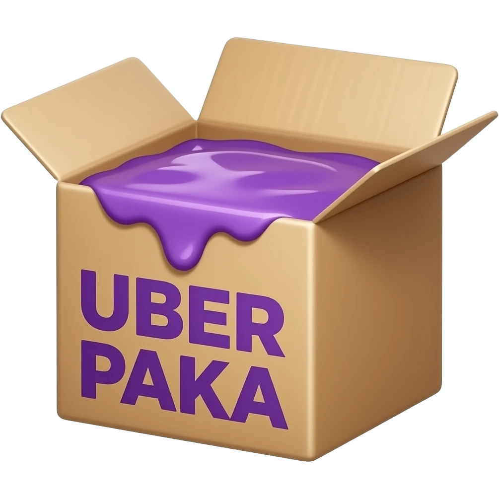 a box from which purple syrup is poured, with a large and legible inscription "UBER PAKA" on the front emoji