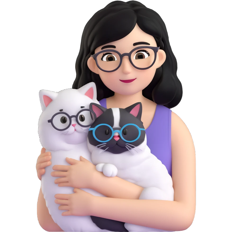Skinny woman with oval glasses, shoulder length straight black hair, wearing white sleeveless top, hugging a Persian-Angora cat that's gray and white like Oreo cookies, plain background emoji