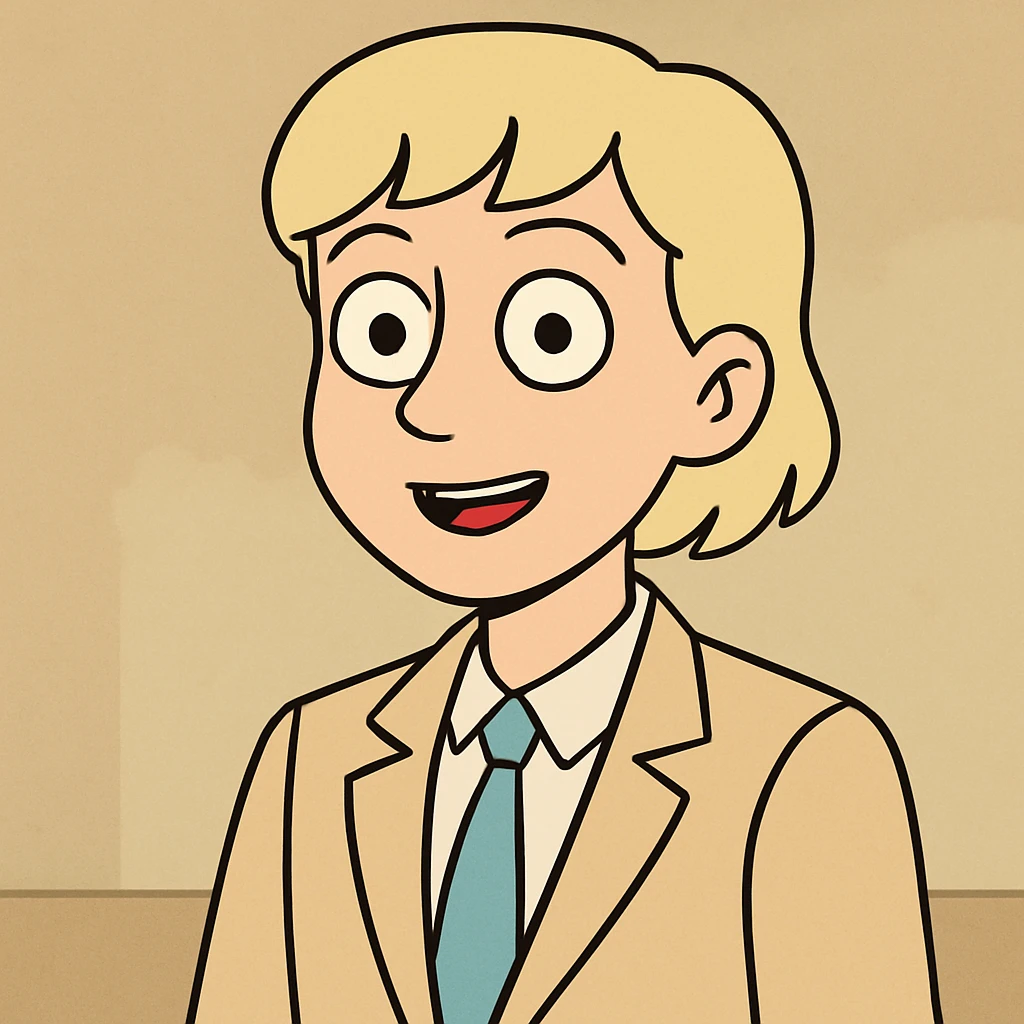person with light blonde hair, short bangs, bright black eyes, small upturned nose, nice outfit emoji