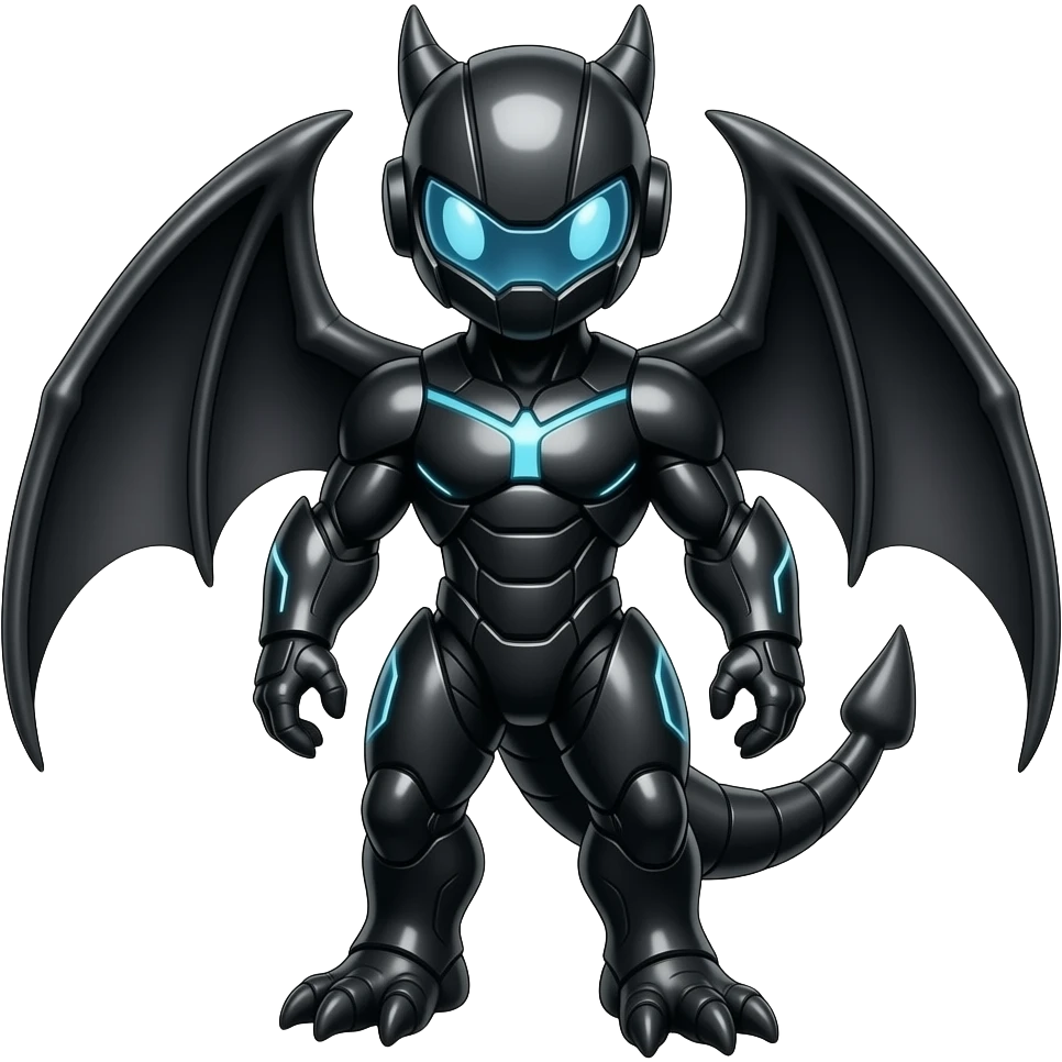 a shiny black Genesect-Flygon-Raptor-Fakémon—hybrid with a futuristic visor-helmet full body emoji