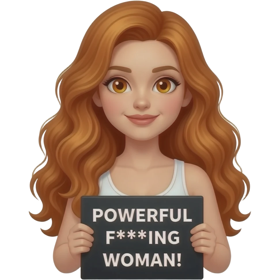 sexy girl with long wavy ginger hair and ginger eyes wearing a white tanktop is holding a black colored sign with POWERFUL F***ING WOMAN! written on it emoji