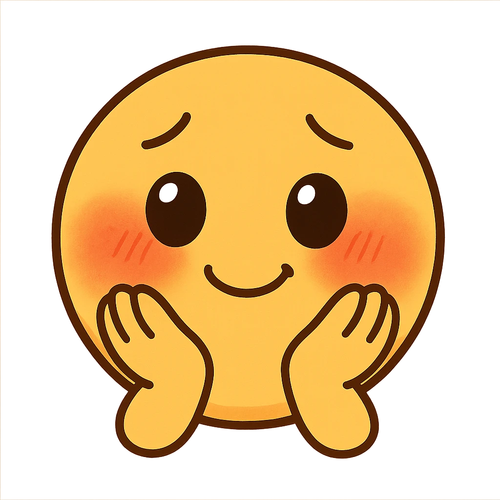 cute emoji, round face, shy smile, hands on cheeks, blushing emoji