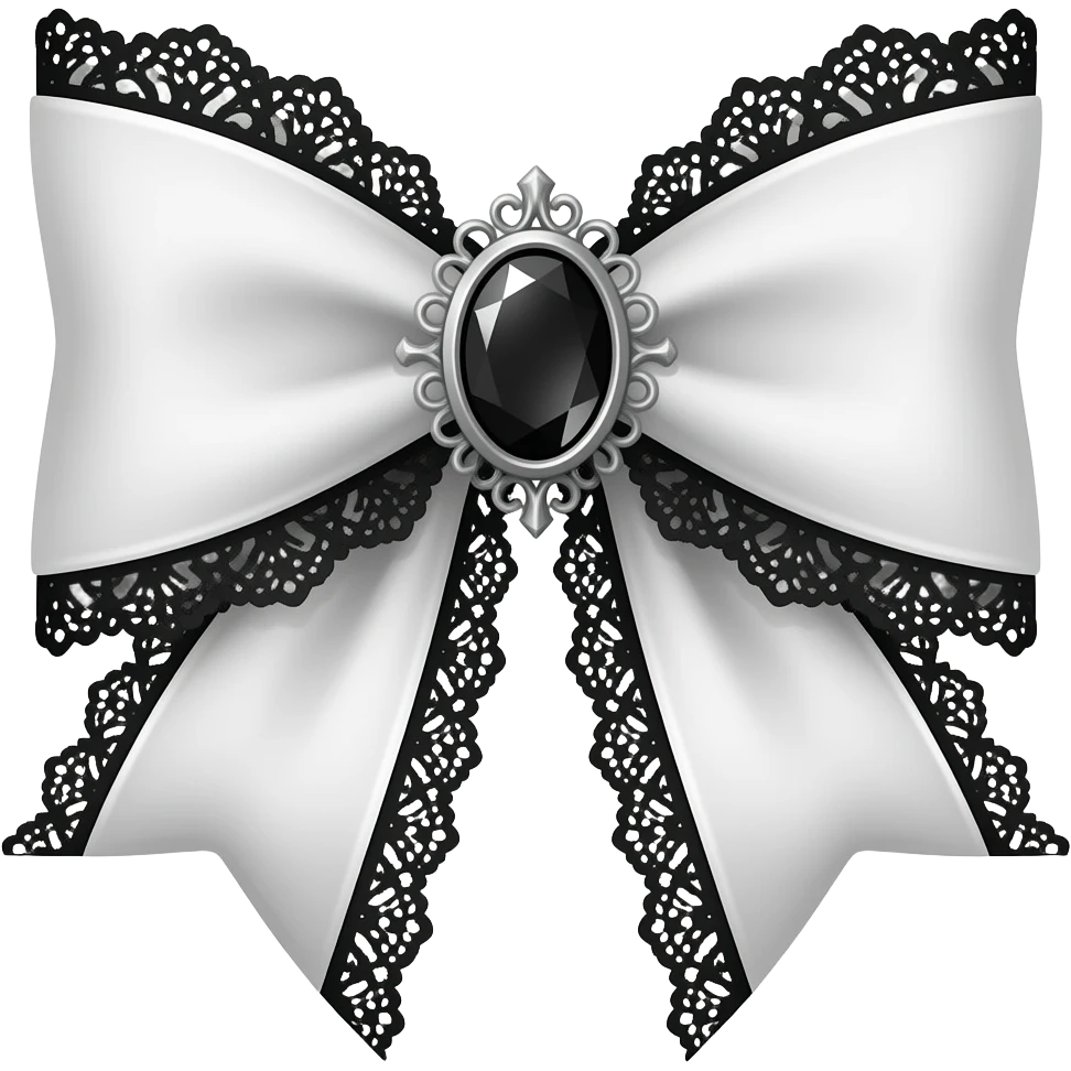 3D emoji gothic bow, white velvet, silver filigree, black gemstone, black lace trim emoji