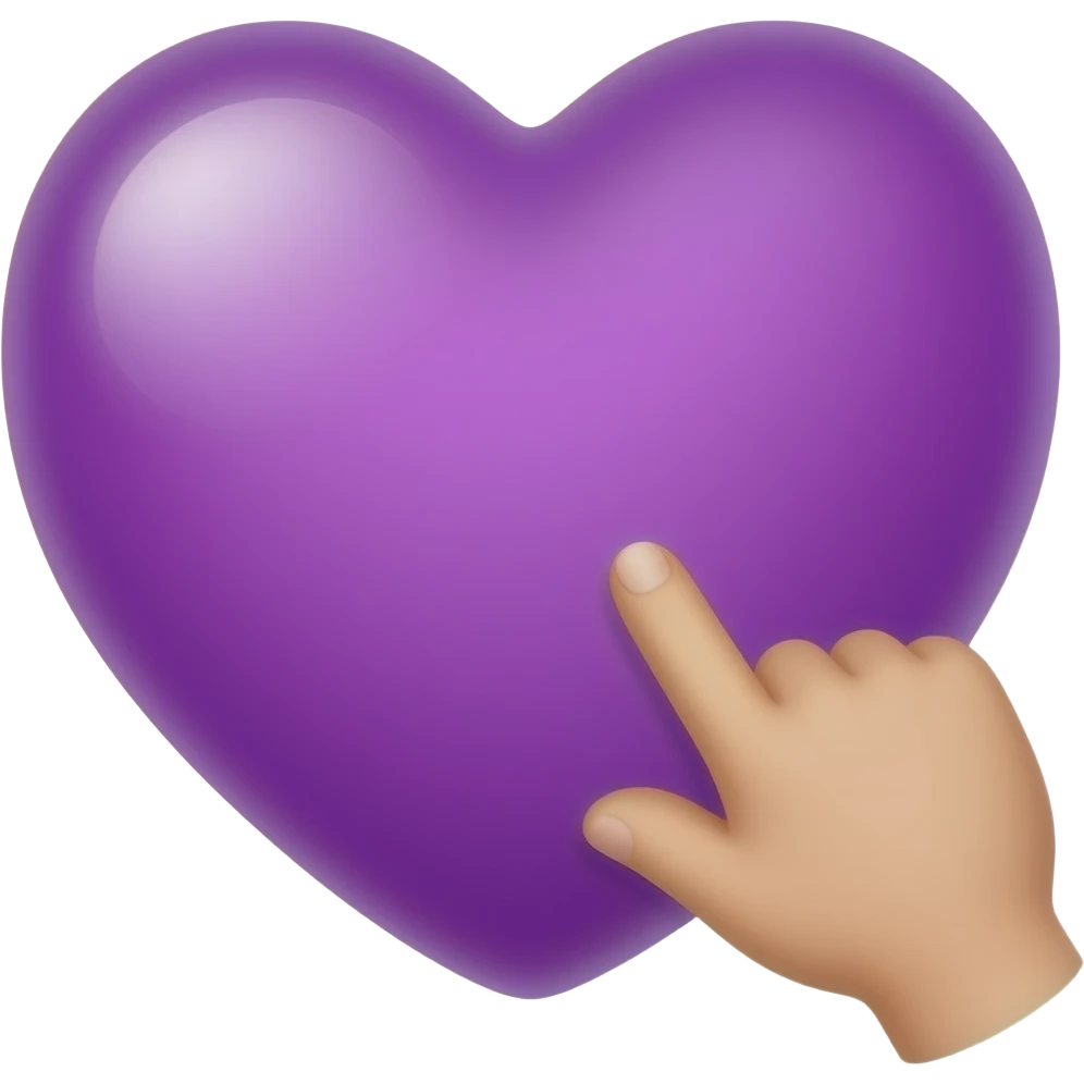 iOS-style emoji: small hand touching a glowing purple heart 💜, soft gradients, sparkles, cute and charming, transparent background emoji