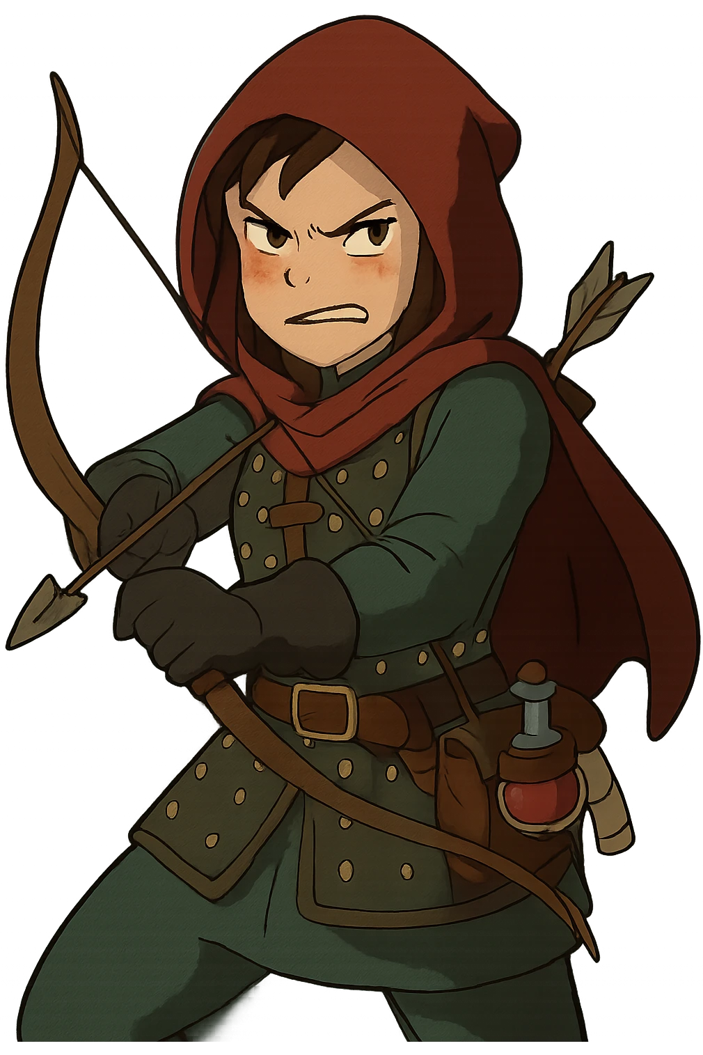 A female rouge , colored hood, wearing brigandine armor with, bow and arrow at the ready, night time shadows, tool belt with red potion and bandages, mischievous frown,  anger emoji
