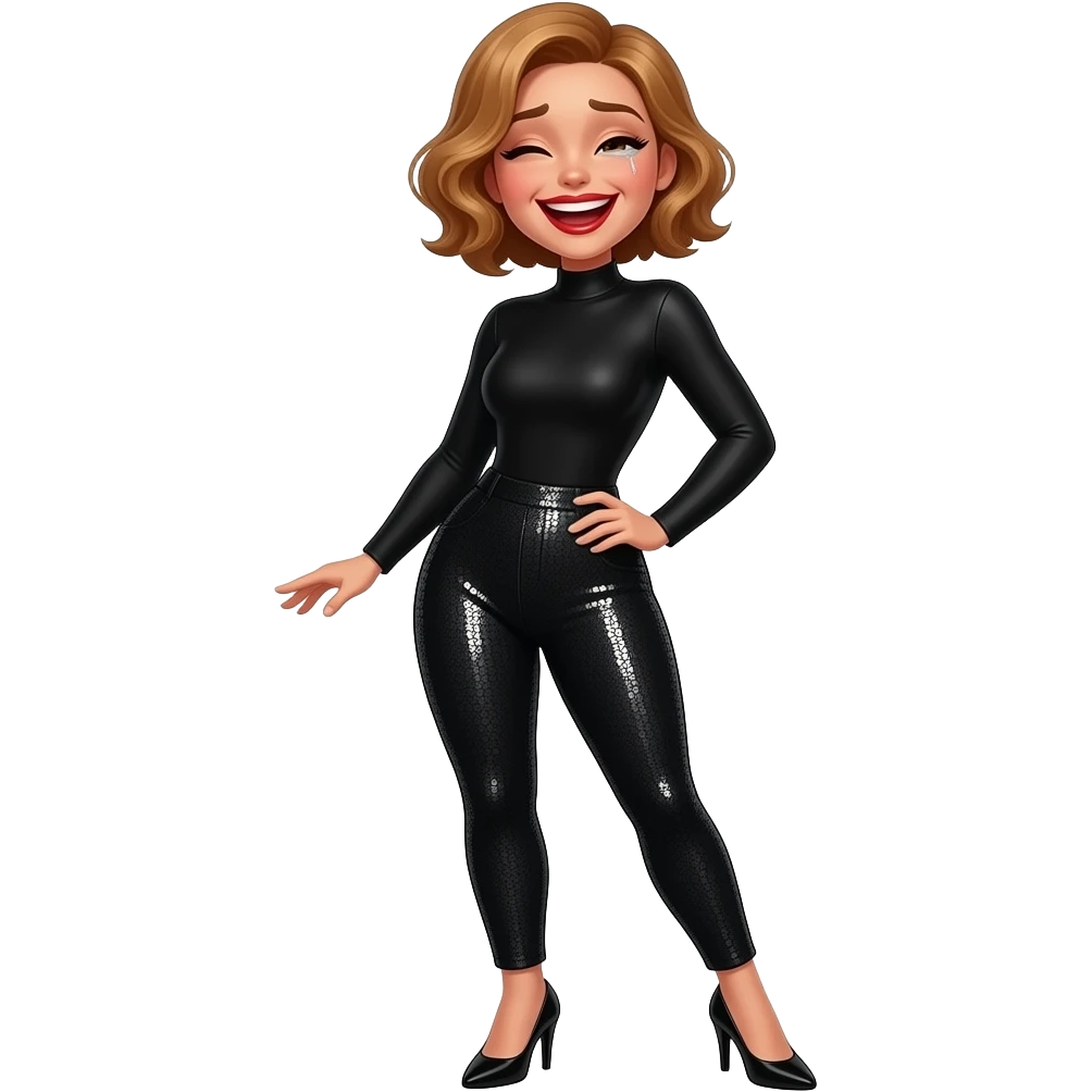glamours,-tanned,-very-beautiful-woman-with-big-plump-red-lips,-long-long-lashes,-honey-silky-very short- hair,-wavy-hair,-hazel-eyes- wearing-black-Long-sleeved-bodysuit-and-black-sequinned-pants-black-black stilettos-and-laughing-out-loud-with tears-full body emoji