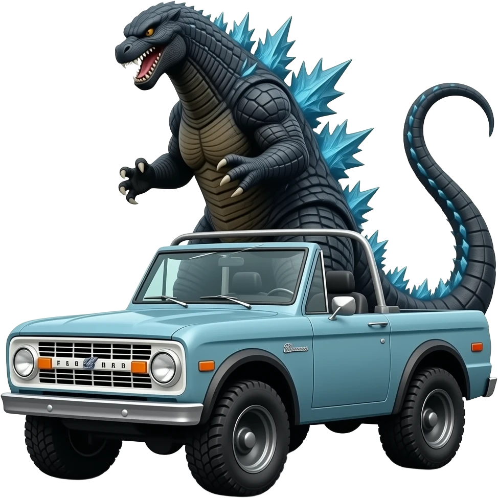 Godzilla behind 1967 convertible ford bronco in Bluetooth roll cage emoji