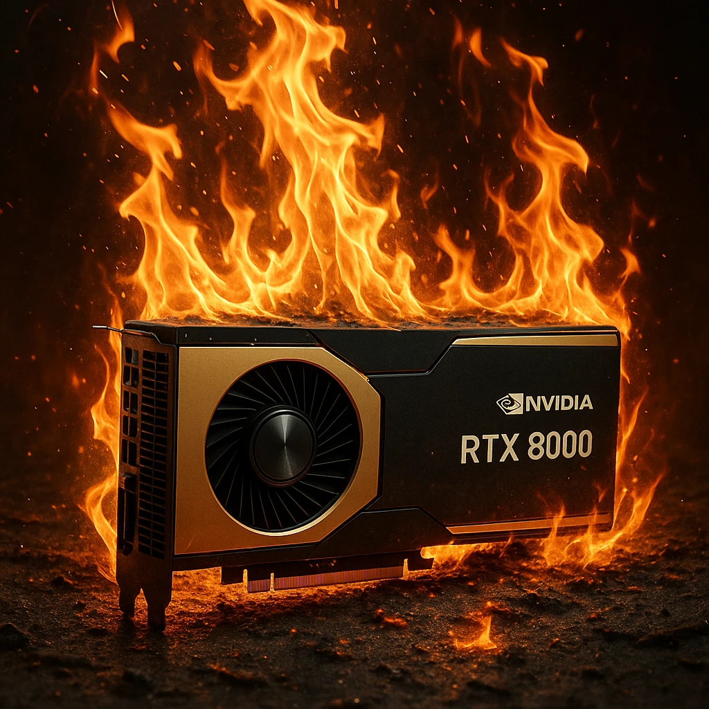 burning NVIDIA RTX8000 graphics card, dramatic flames, detailed, no text emoji