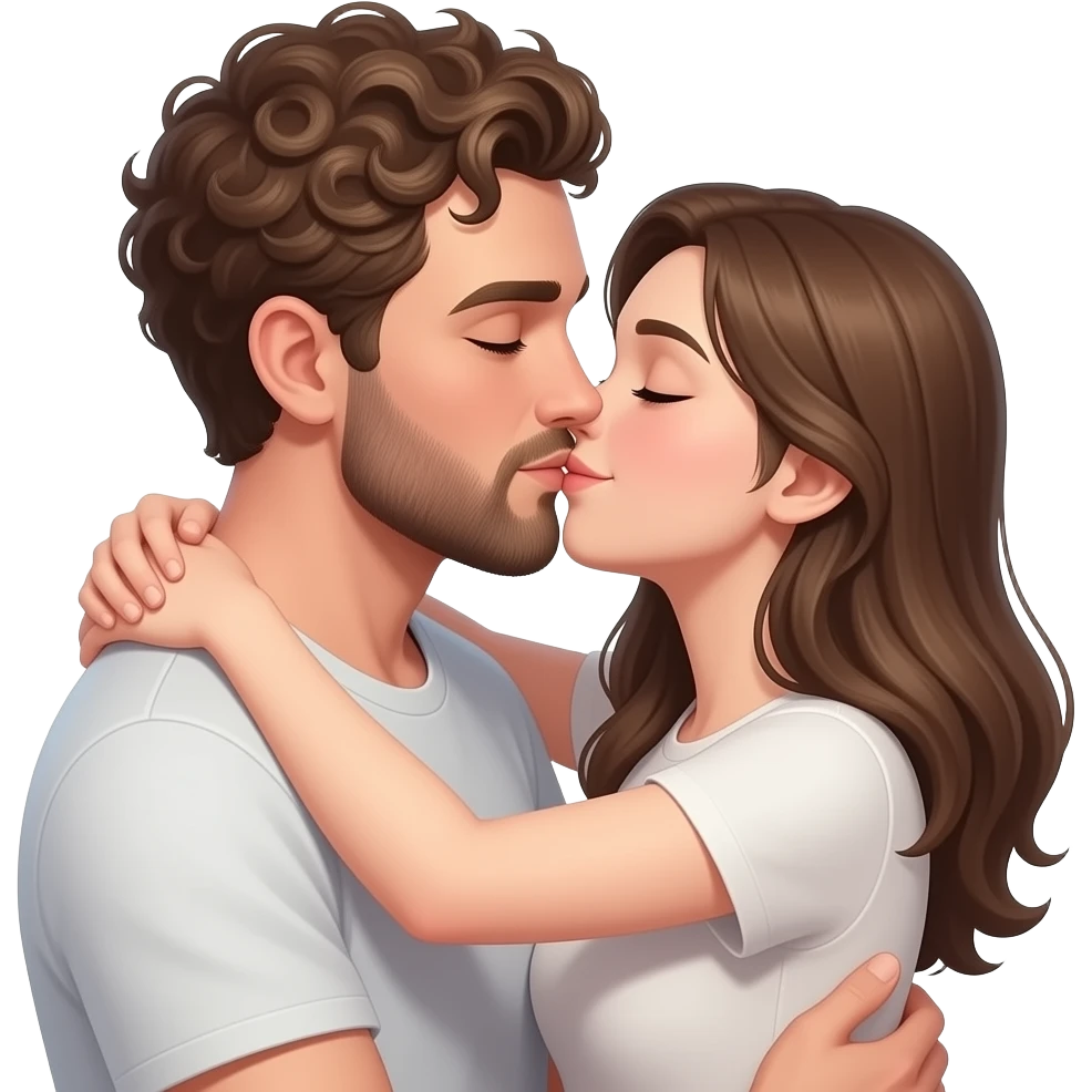 Realistic white man super short curly brown hair with beard kissing passionately and hugging realistic white girl brown hair emoji
