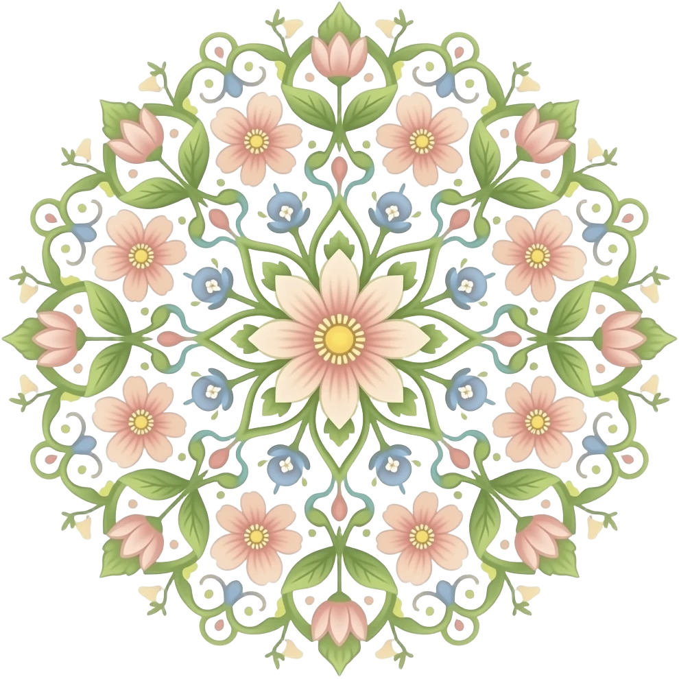 An organic mandala inspired by nature, featuring blooming flowers, swirling vines, and soft pastel hues, ideal for relaxation content, high definition. Must have no emoji faces, no emoji icons, no human figures. emoji