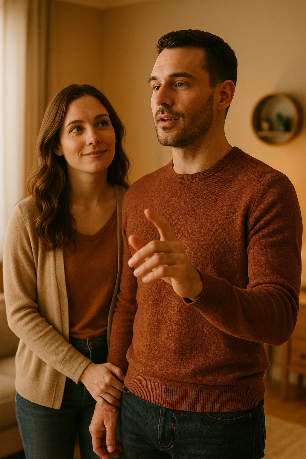 a woman stands slightly behind a man in a domestic setting, looking at him con fiducia e attesa. Il man is upright, with a confident and decisive posture, gently gesturing as if giving direction. The woman’s body language is relaxed and receptive, showing that she trusts and follows his lead. The background is warm and softly lit, emphasizing the couple’s dynamic. emoji