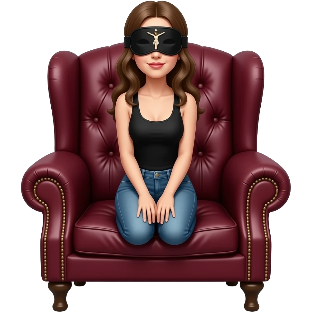 steampunk style - The female realistic skinny  figure is in a crouching on the armchair covered with heavy bordo fabric. The most prominent detail is the black eye mask with a small figurine of the crucified Jesus sewn between the eyes emoji
