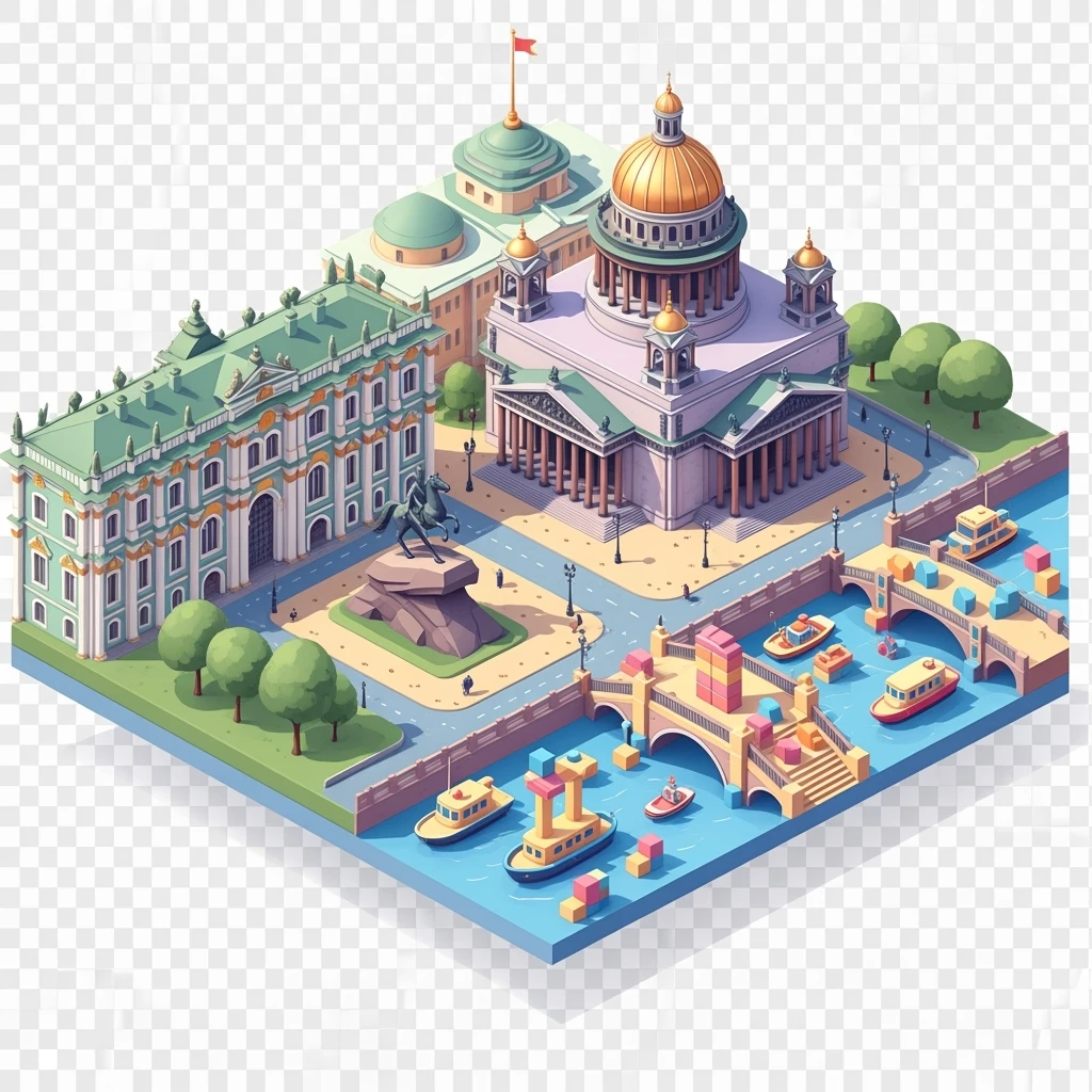 Isometric illustration of Saint Petersburg with the Saint Isaac’s Cathedral, the photorealistic Winter Palace, and the Bronze Horseman statue, toy boats and bridges, in pastel miniature diorama style, transparent background emoji