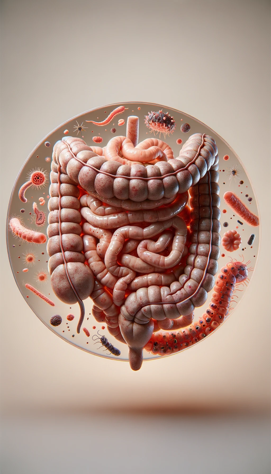 INTESTINO UMANO ANATOMICO REALISTICO CIRCONDATO DA PARASSITI E BATTERI INTESTINALI, IPERREALISTICO 4K, sfondo chiaro neutro emoji