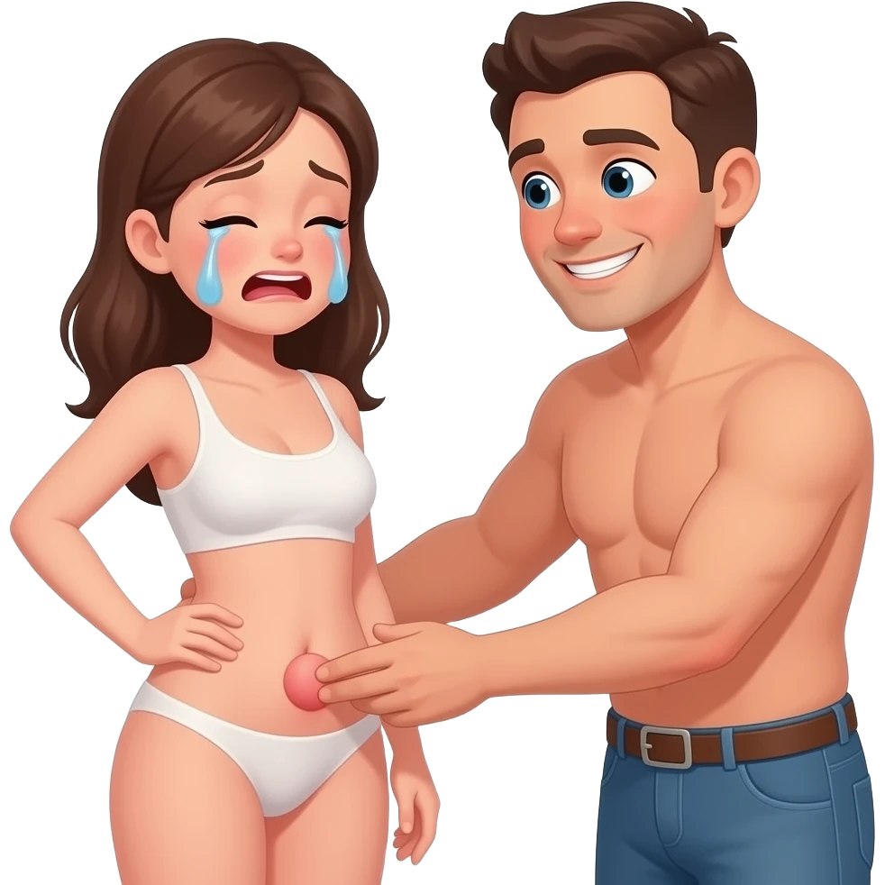 A girl been gettingu penetrated in her vagina both are naked by a man the man is entering the dick in the woman pussy the woman is crying and the man is smiling and blushing red he is touching her more down emoji