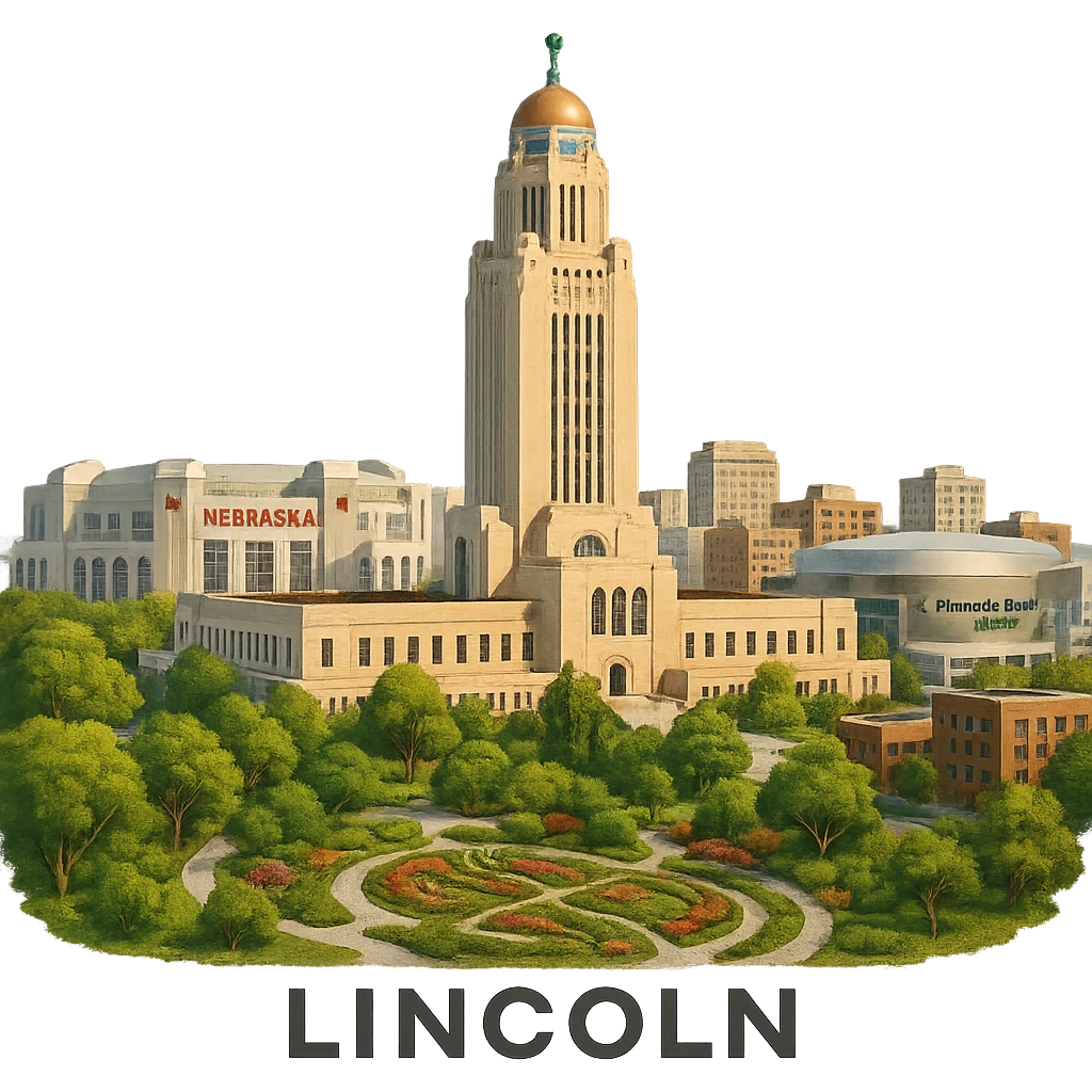 cinematic realistic emoji of Lincoln Nebraska, wide city view with iconic landmarks including Nebraska State Capitol, Memorial Stadium, Pinnacle Bank Arena, Sunken Gardens, lifelike detail, accurate colors, bright daytime lighting, no sky, no clouds, fully transparent background emoji