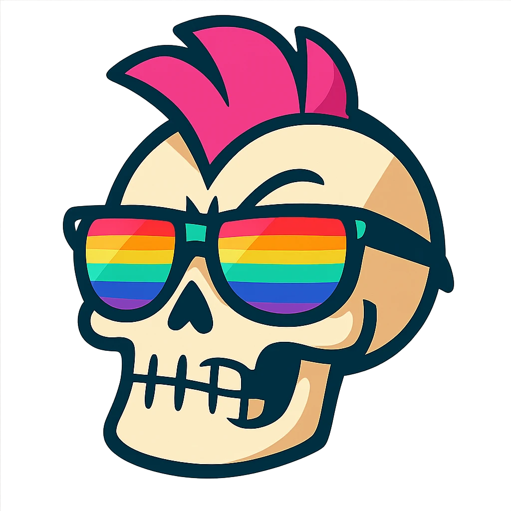 a sassy cartoon skull with a pink mohawk and rainbow sunglasses, vibrant toon style, for a gaming group emoji