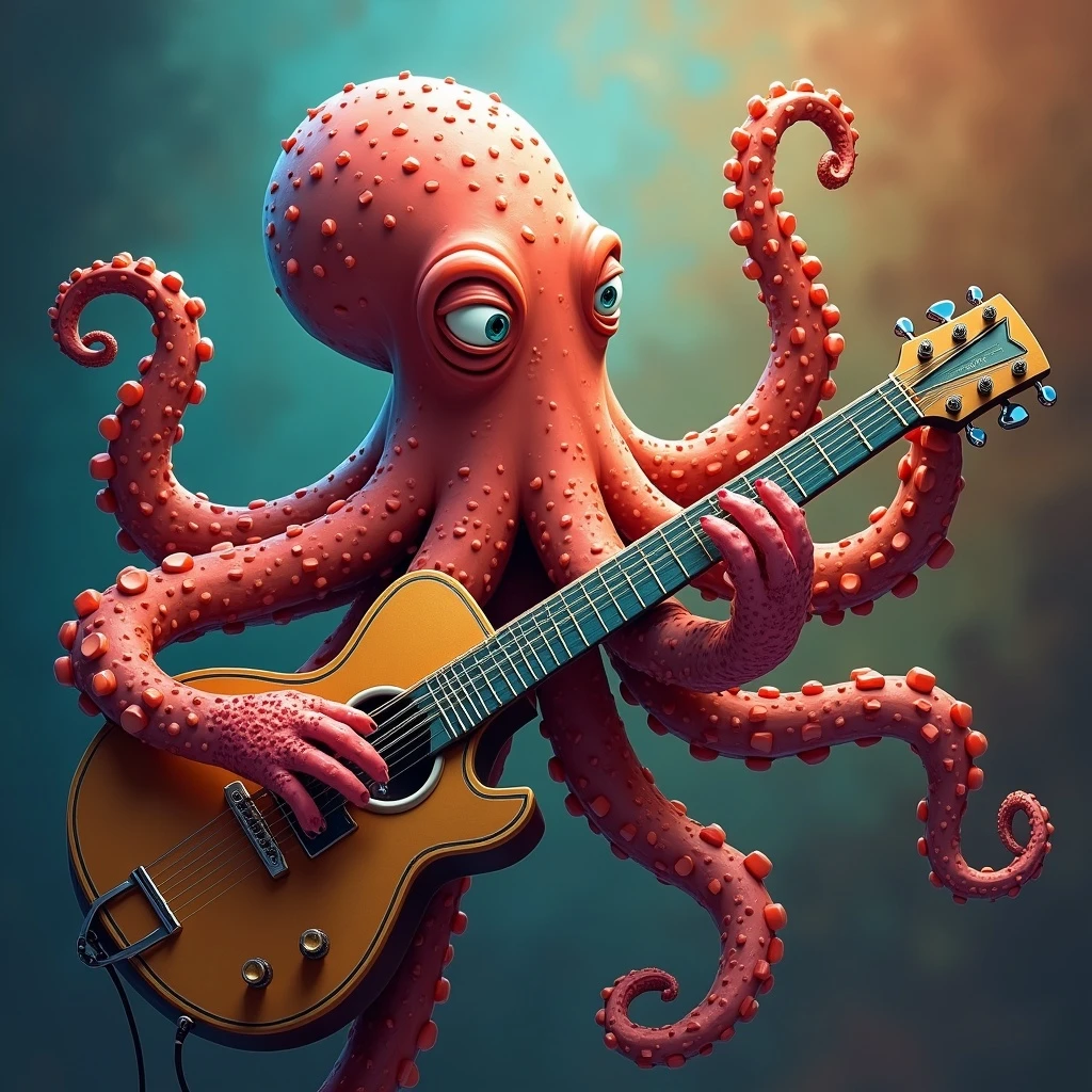 happy octopus with multiple arms playing guitar emoji