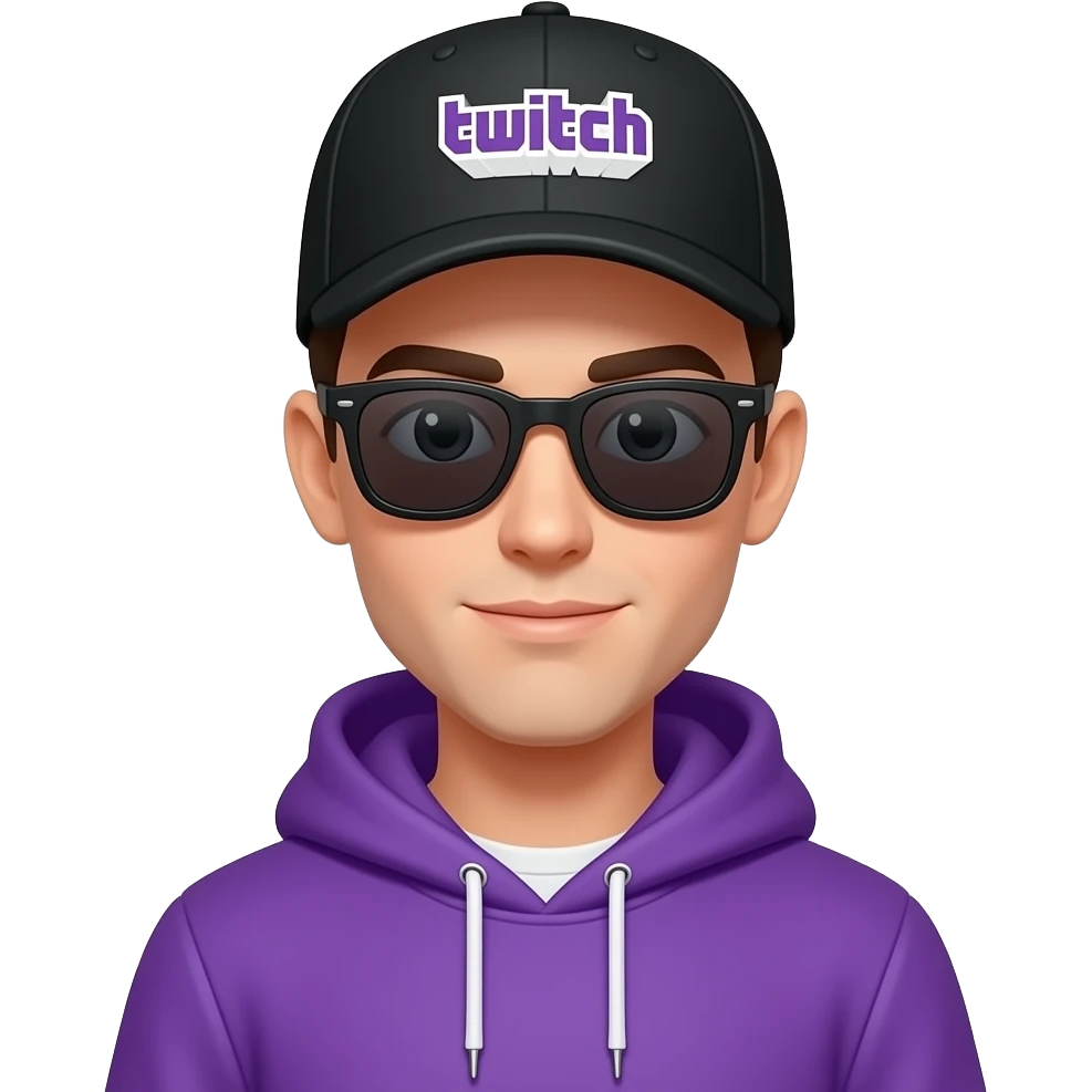 tall skinny guy with black basecap with white twitch logo, purple hoodie, sunglasses emoji