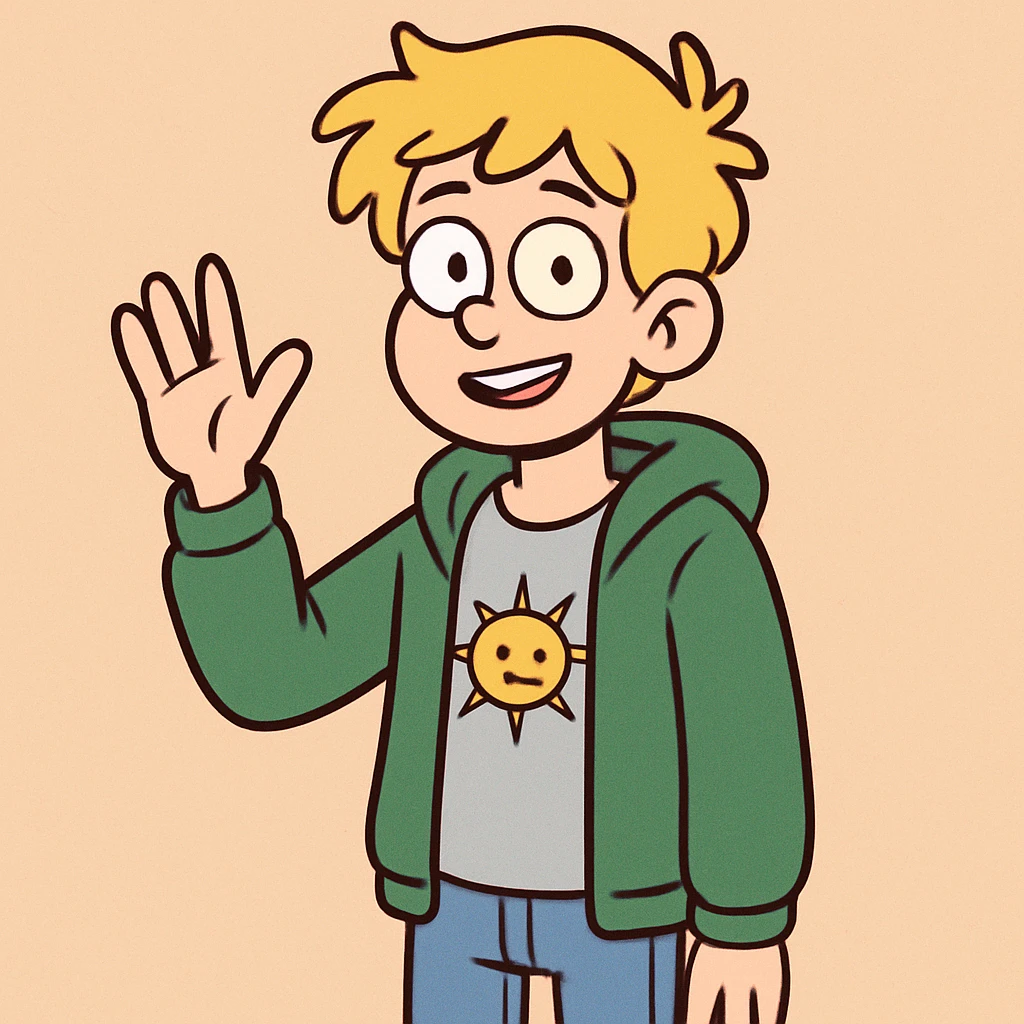 A boy yellow hair grey t-shirt yellow sun green hoodie lights blue jeans a hand hello  emoji