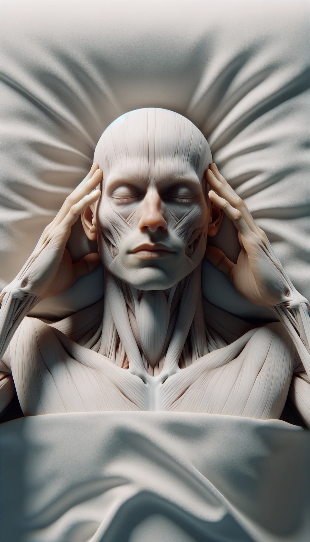 CORPO UMANO ANATOMICO steso sulle lenzuola sul materasso visto dall'alto che si concentra con gli occhi chiusi e le mani sulle tempie, SFONDO CHIARO NEUTRO, iperrealistico 4k emoji