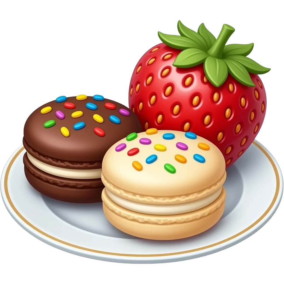 chocolate, strawberry, vanilla macaron with toppings on plate emoji