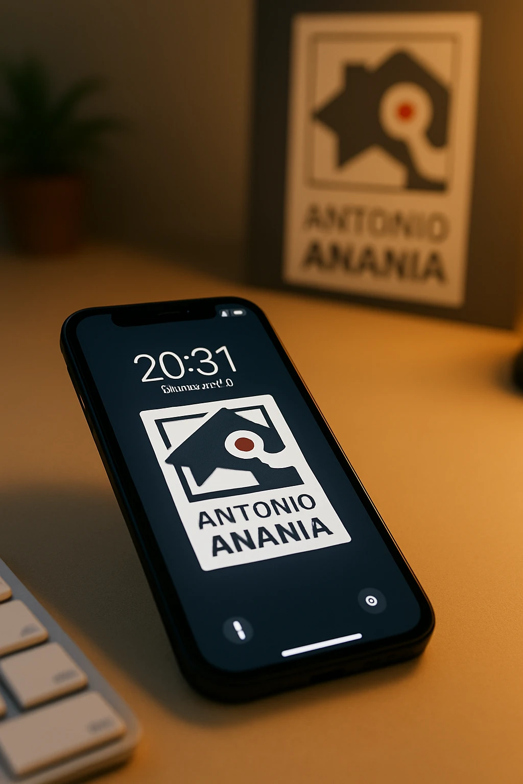 A photo of an iPhone with the message "Antonio Anania" on its screen, The phone sits atop a desk with a blurred background that suggests work environment. A faint glow from above casts gentle shadows across the surface of each object, creating depth and highlighting their textures emoji