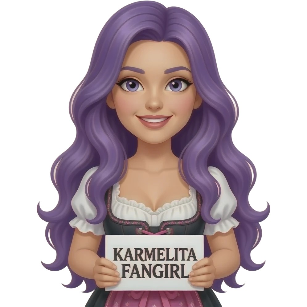 sexy girl with long purple hair wearing a dirndl holding a KARMELITA FANGIRL sign emoji