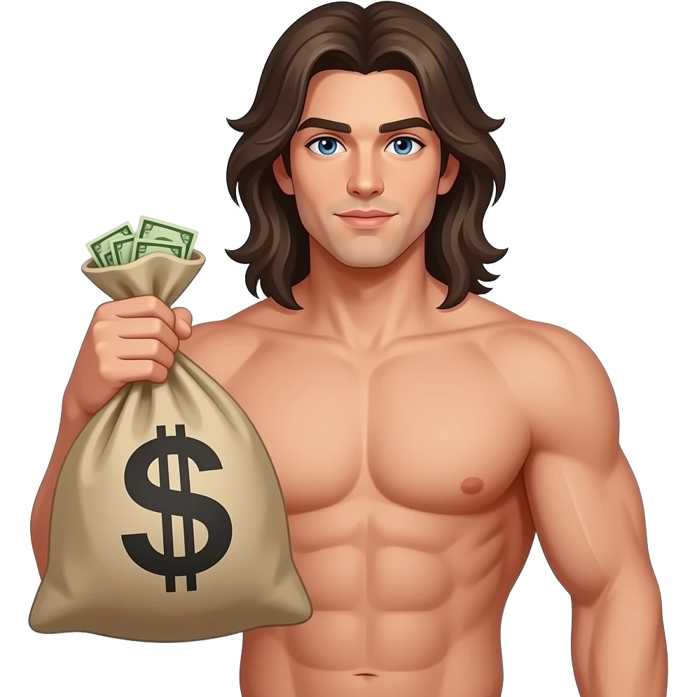 muscular shirtless twink with very long hair holding big bag of money emoji