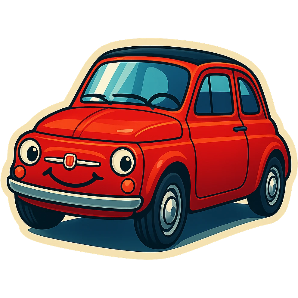 Make the Fiat 500 car red, add a smiling face to the car, keep the background transparent. emoji