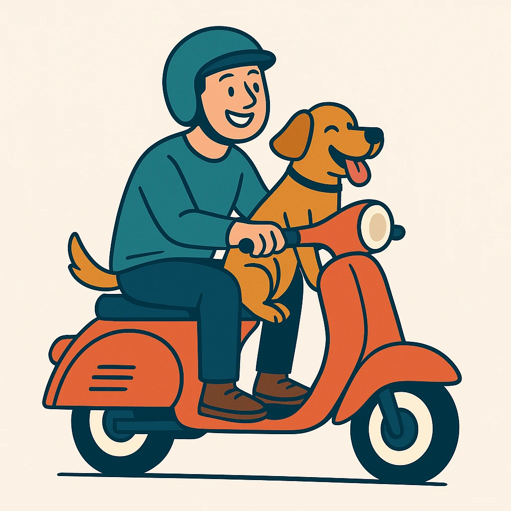 vector art of a man and his pet dog riding a vespa, for website design  emoji