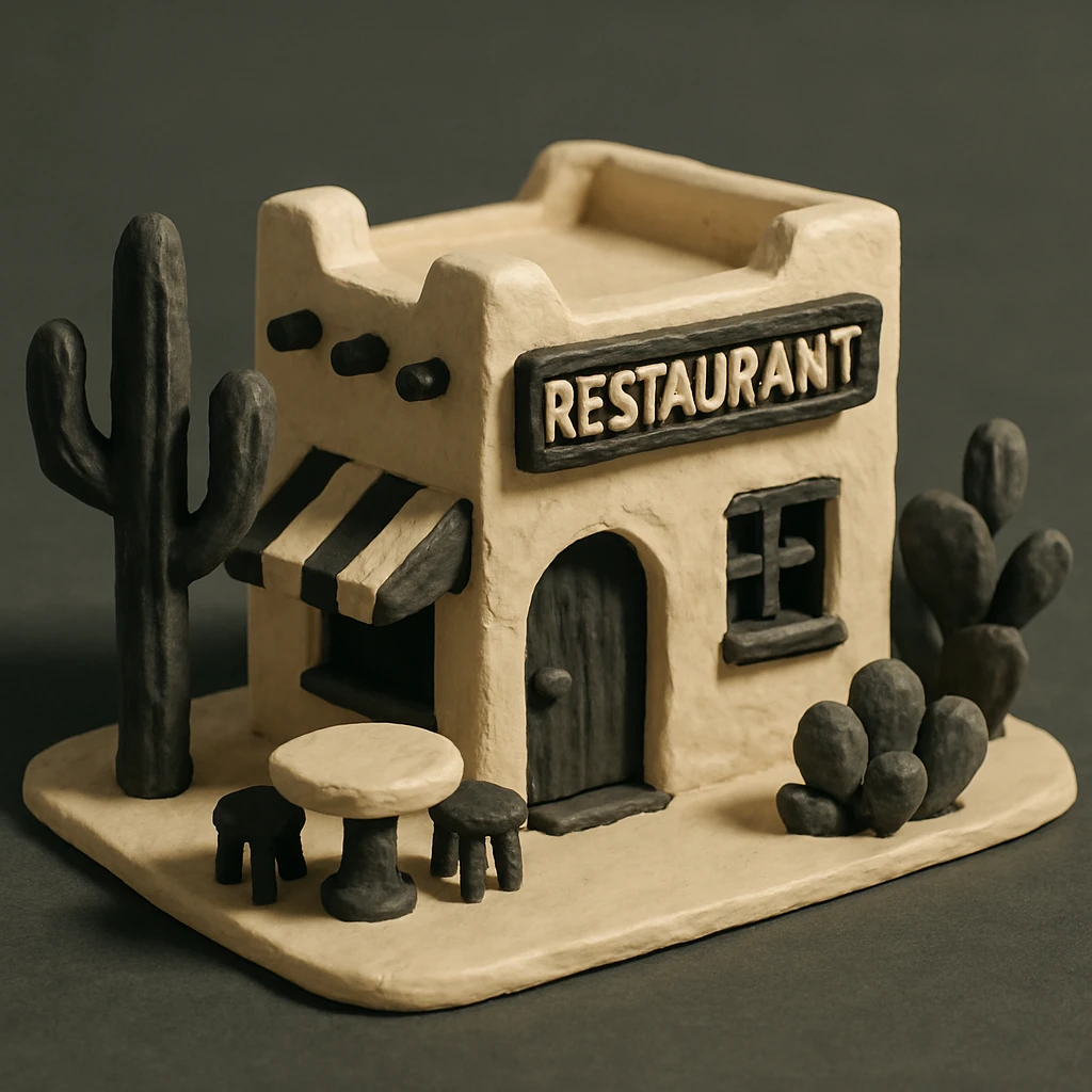 isometric exterior of a small southwestern restaurant, black, beige, and white color palette, 3D realistic, claymation look emoji